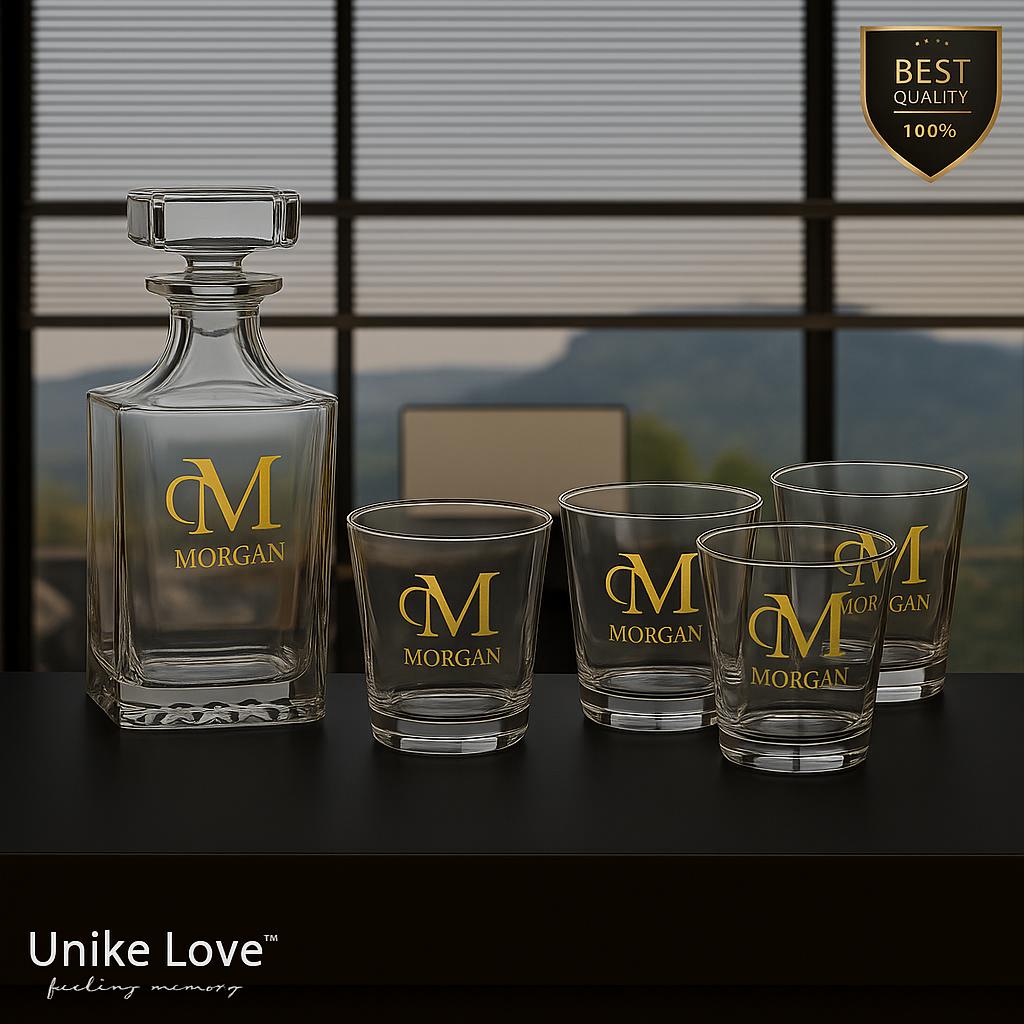 Customized Whiskey Set 750mL Square Glass Decanter Set with Four 11 oz. Rocks Glasses
