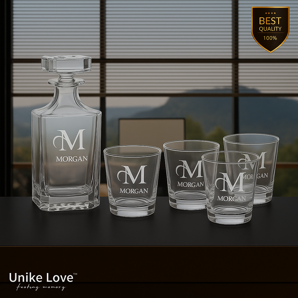 Customized Whiskey Set 750mL Square Glass Decanter Set with Four 11 oz. Rocks Glasses