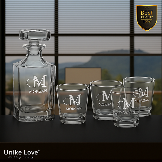 Customized Whiskey Set 750mL Square Glass Decanter Set with Four 11 oz. Rocks Glasses