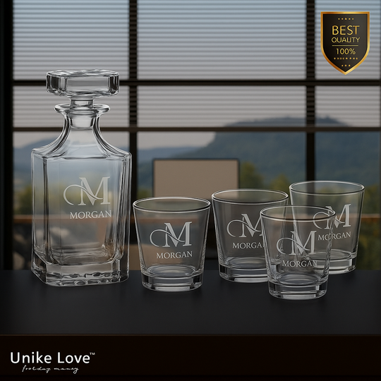 Customized Whiskey Set 750mL Square Glass Decanter Set with Four 11 oz. Rocks Glasses