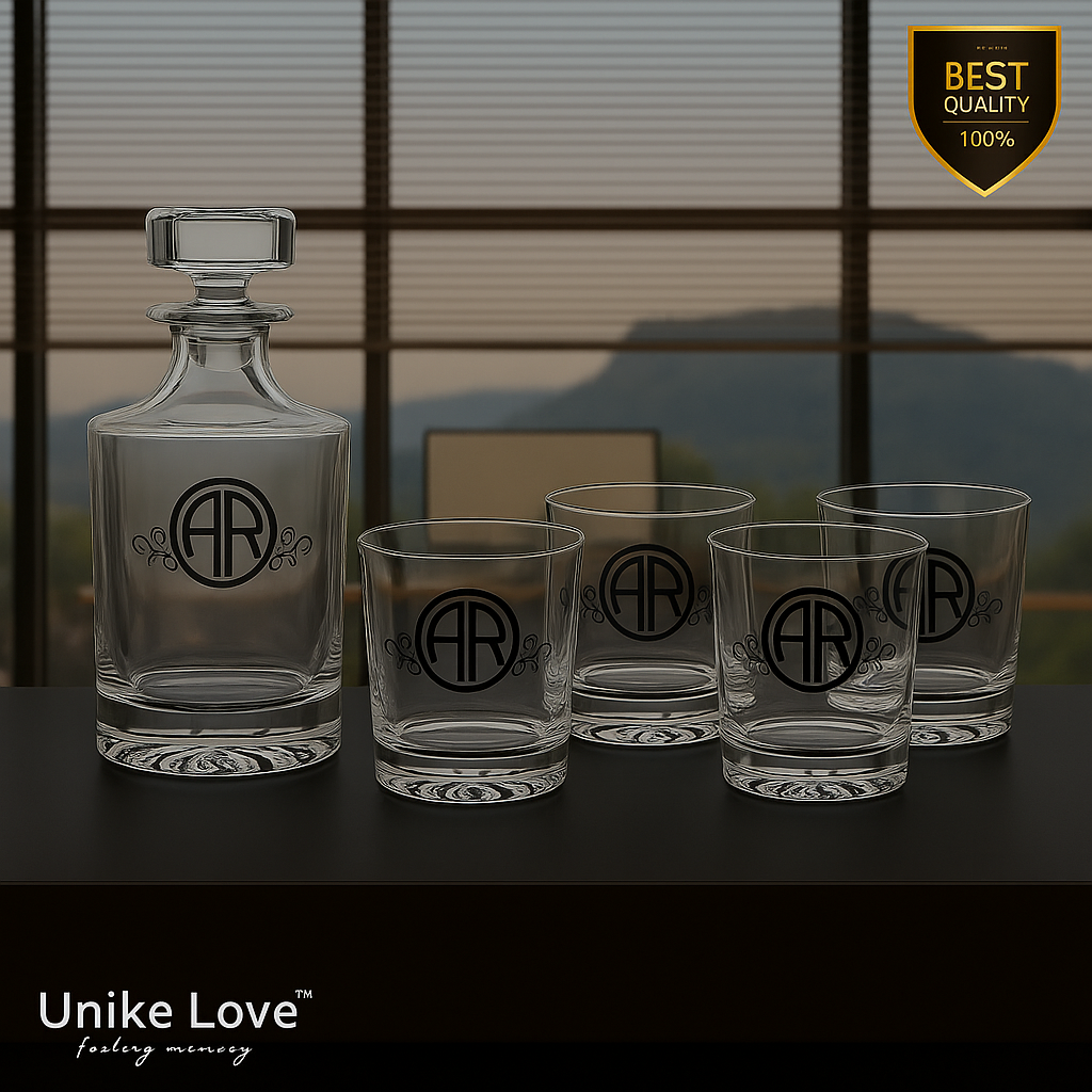Customized Whiskey Set 850mL Round Glass Decanter Set with Four 9 oz. Rocks Glasses