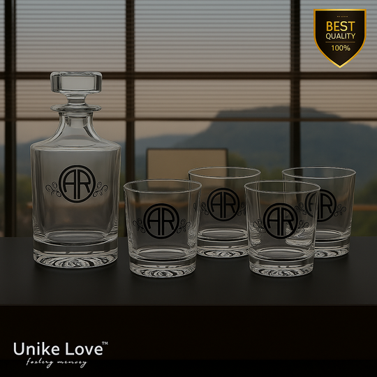 Customized Whiskey Set 850mL Round Glass Decanter Set with Four 9 oz. Rocks Glasses