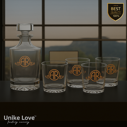 Customized Whiskey Set 850mL Round Glass Decanter Set with Four 9 oz. Rocks Glasses