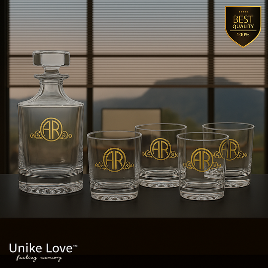 Customized Whiskey Set 850mL Round Glass Decanter Set with Four 9 oz. Rocks Glasses