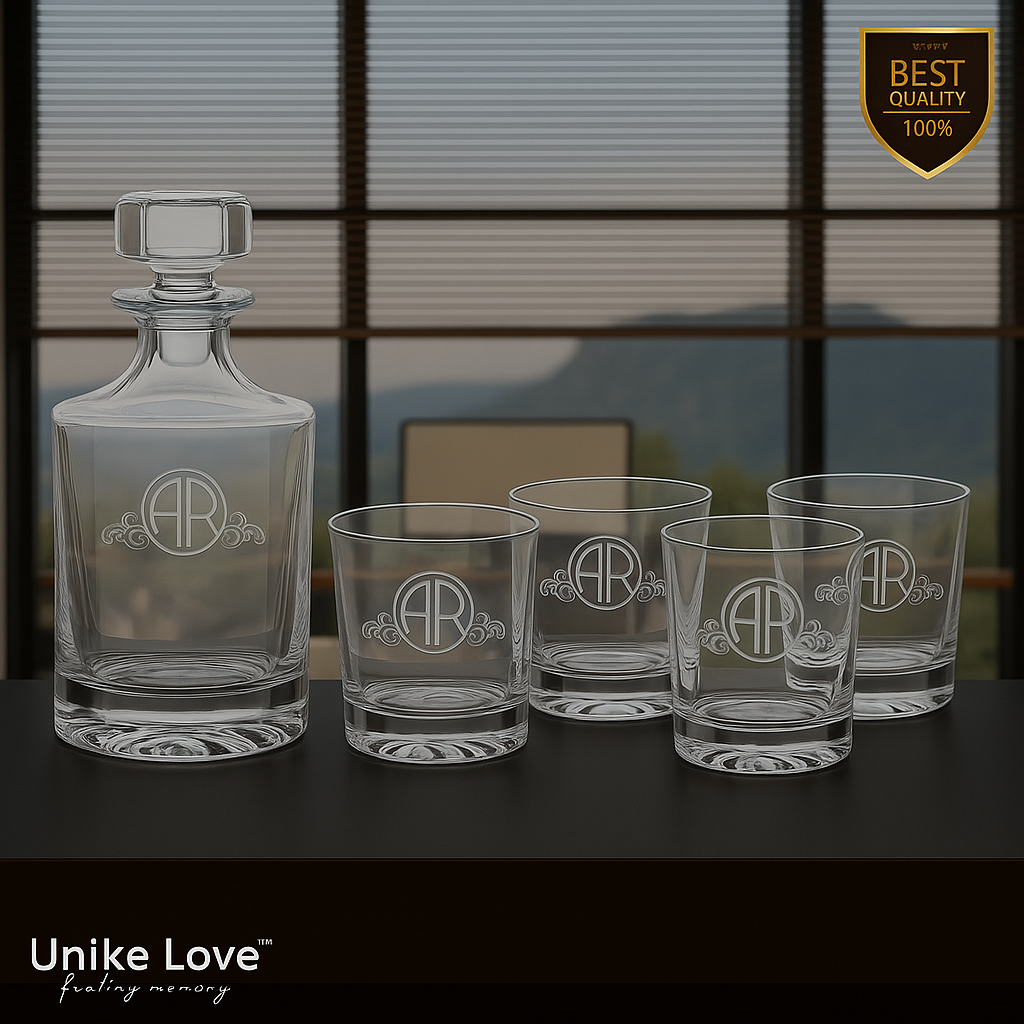 Customized Whiskey Set 850mL Round Glass Decanter Set with Four 9 oz. Rocks Glasses
