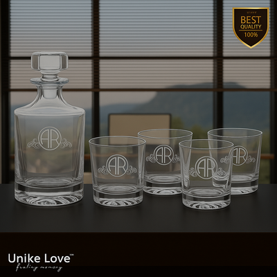 Customized Whiskey Set 850mL Round Glass Decanter Set with Four 9 oz. Rocks Glasses