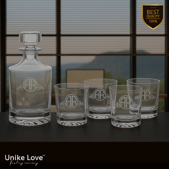 Customized Whiskey Set 850mL Round Glass Decanter Set with Four 9 oz. Rocks Glasses