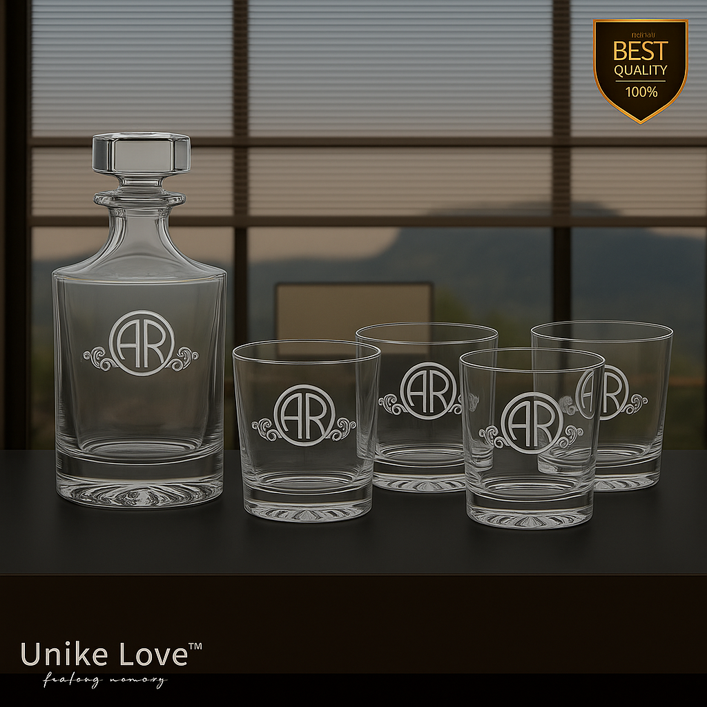 Customized Whiskey Set 850mL Round Glass Decanter Set with Four 9 oz. Rocks Glasses