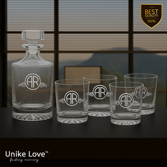 Customized Whiskey Set 850mL Round Glass Decanter Set with Four 9 oz. Rocks Glasses