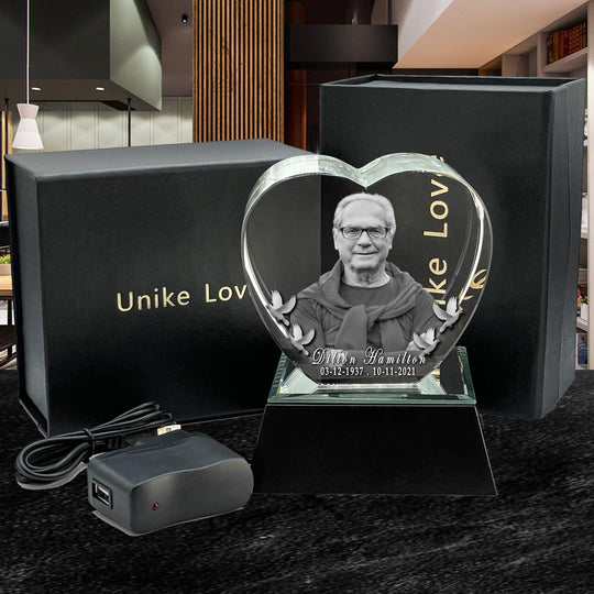 Memorial Gift | 3D Photo Crystal Heart | Personalized Laser Engraving.
