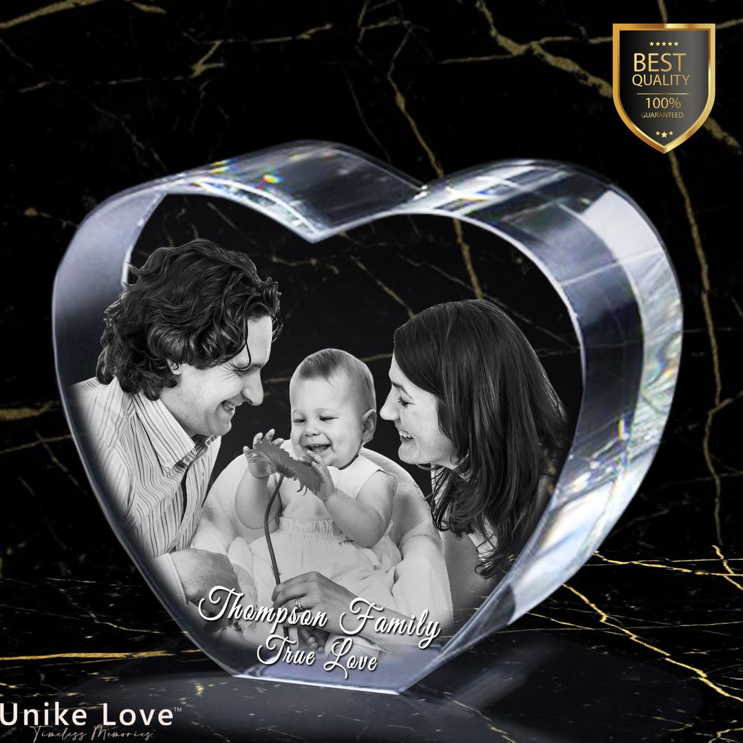 Family Gift | 3D Photo Crystal Heart | Personalized Laser Engraving.