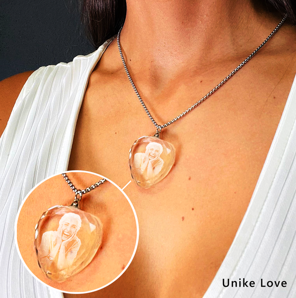 2D Crystal Heart Shaped Necklace | Photo Etched Perfect Gift | Chain and Pendant |