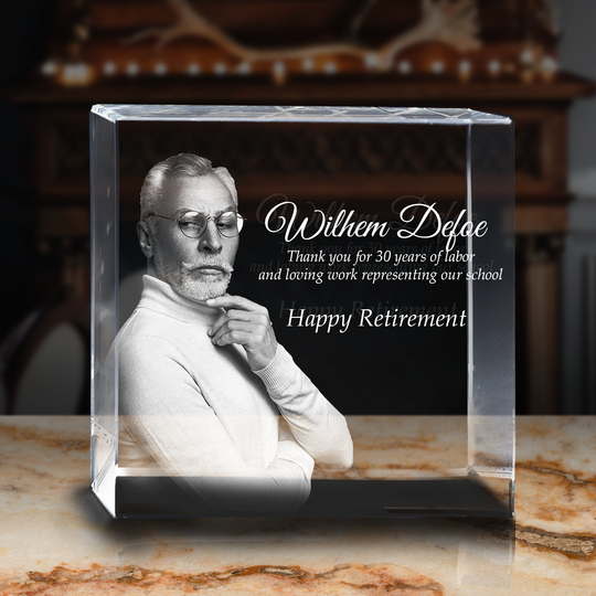 Happy Retirement Gift! | 3D Laser Crystal Premium Square | Personalized Engraving | Custom Photo Laser Etched Gift